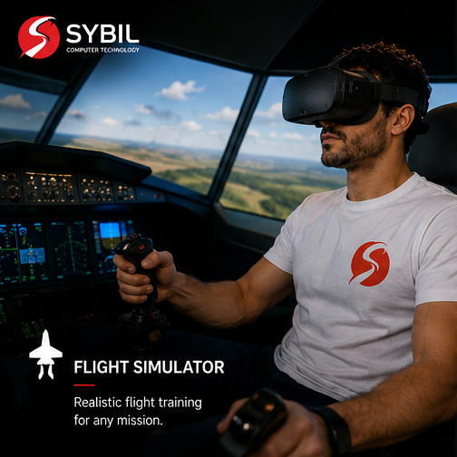 Pilot using a VR headset and flight simulator controls