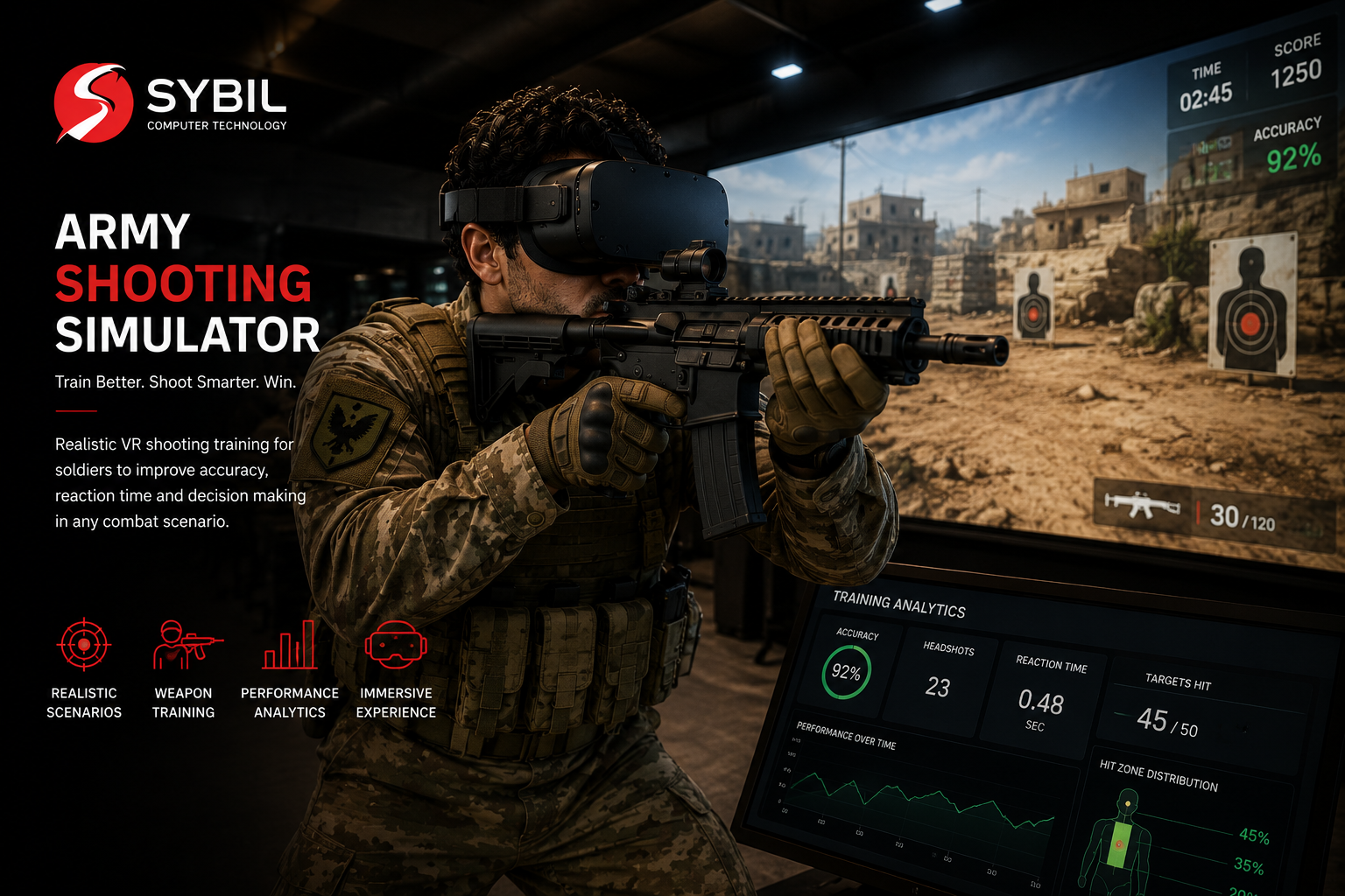 Army shooting simulator with VR weapon training and performance analytics